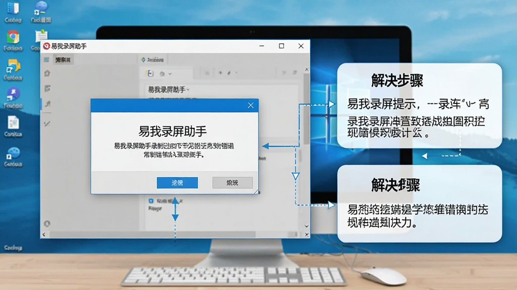 一张展示易我录屏助手录制过程中出现常见错误提示的示意图,画面中软件界面弹出错误对话框,旁边配有解决步骤的文字说明框,背景为电脑桌面,风格信息图简洁明了,画质清晰,画面中显示文字“易我录屏助手”,干净无多余元素