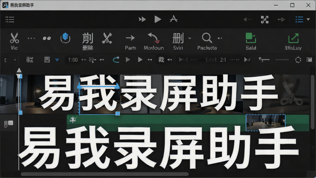 一张展示易我录屏助手内置剪辑功能的图片,画面中软件界面显示视频时间轴和剪辑工具栏,时间轴上标注了裁剪区域,工具栏包含剪切、删除、导出等按钮,背景为深色工作区,风格专业简洁,画质清晰,画面中显示文字“易我录屏助手”,干净无多余元素