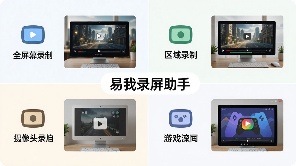 一张展示易我录屏助手多模式录制功能的示意图,画面分为四个区域,分别用图标和简短文字标注全屏录制、区域录制、摄像头录制和游戏录制,每个区域配以对应的场景小图,整体布局整齐,风格清新简洁,画质高清,画面中带有文字“易我录屏助手”,干净无多余元素