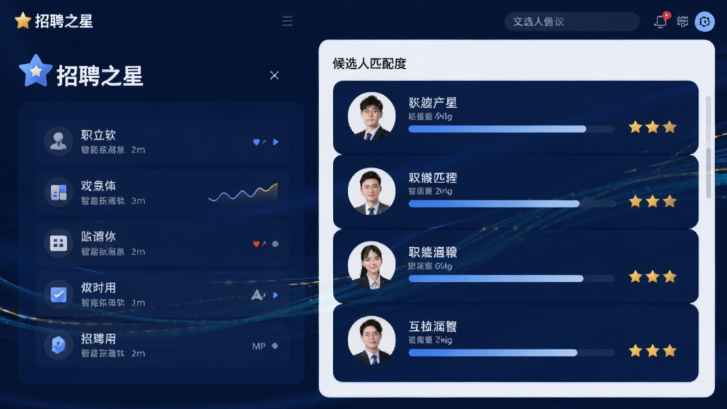 AI生图,画面展示“招聘之星”软件中的智能匹配功能界面,左侧为职位要求面板,右侧为候选人匹配度列表,带有进度条和星级评分,界面风格为科技感商务风,深蓝与白色搭配,画质清晰,干净无多余元素