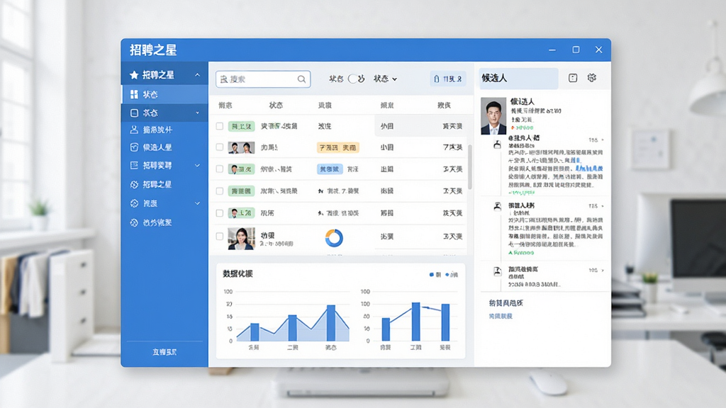 软件主界面全景展示,画面中央是“招聘之星”软件窗口,左侧为导航菜单栏,右侧为候选人列表与简历详情面板,界面采用蓝白配色,布局简洁清晰,风格为现代商务扁平化设计,细节包含搜索框、状态标签、数据图表等元素,画质清晰,干净无多余元素