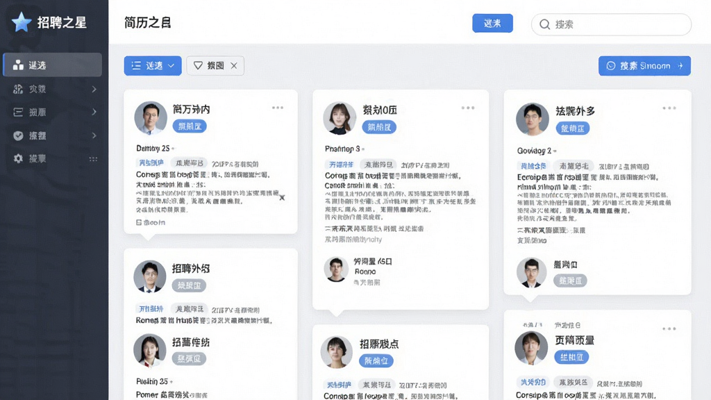 AI生图,画面展示“招聘之星”软件中的简历聚合界面,多个简历卡片以瀑布流形式排列,每张卡片包含头像、姓名、岗位标签,界面有筛选按钮和搜索框,风格为清爽简洁的商务风,蓝白灰配色,画质清晰,干净无多余元素