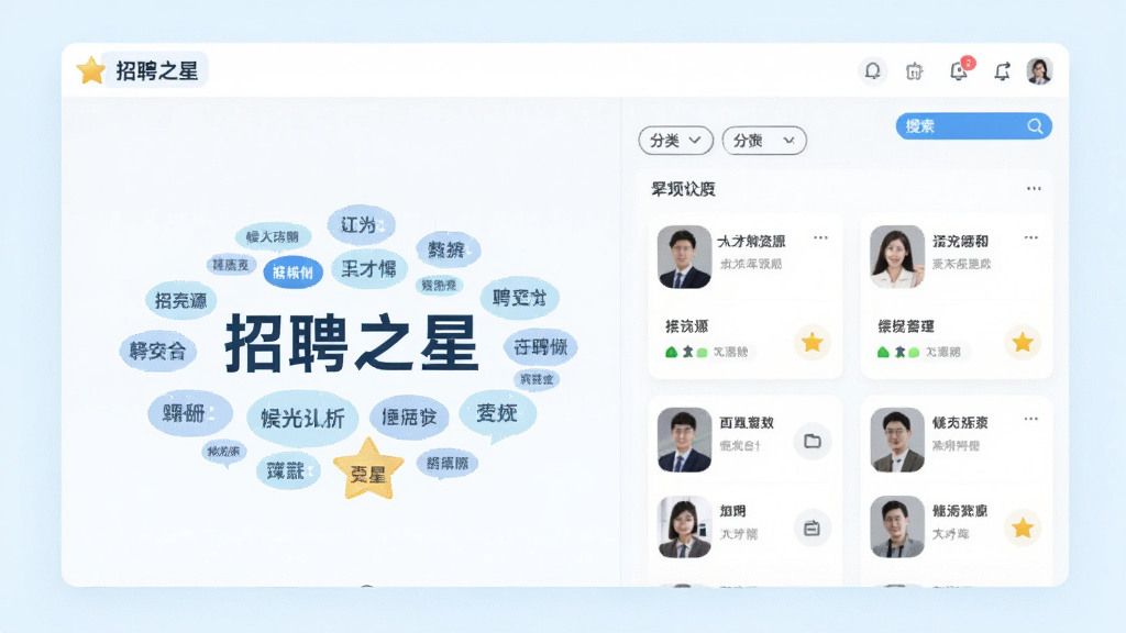 AI生图,画面展示“招聘之星”软件中的人才库管理界面,以标签云和卡片列表形式展示候选人资源,界面有分类筛选和搜索入口,风格为清新浅色商务风,画质清晰,干净无多余元素
