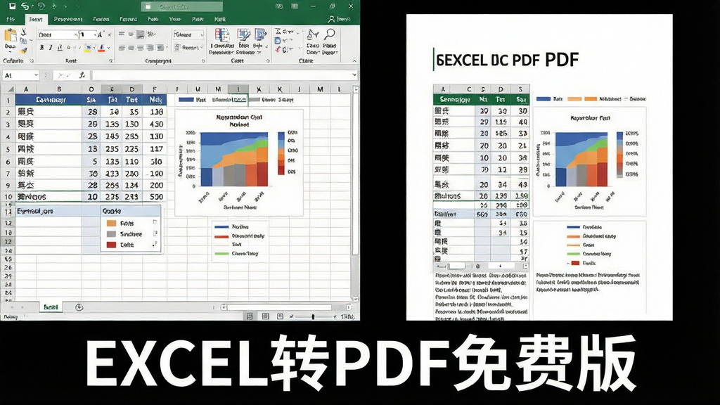 一张对比展示图,左侧是Excel表格的截图,右侧是转换后的PDF文档截图,两者内容完全一致,布局为左右并排对比,排版对称,风格为写实办公风格,细节包括表格边框、数据对齐、图表颜色、PDF页面边缘,画质高清,画面干净,背景为白色,无多余元素,图片下方写有“EXCEL转PDF免费版”字样。