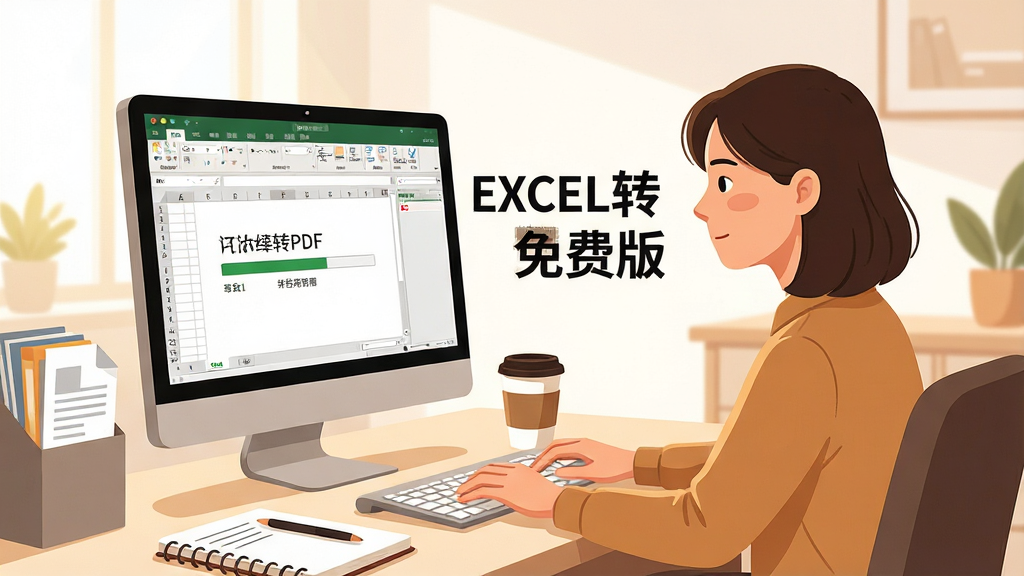 一张办公场景的插画,画面中一位用户坐在电脑前,屏幕上显示着Excel转PDF软件界面,桌面上放着笔记本和咖啡杯,布局为侧面视角,排版自然,风格为温馨办公插画,细节包括用户专注的表情、屏幕上的转换进度、桌面上的文件资料,画质高清,画面干净,背景为明亮的办公室环境,无多余元素,屏幕旁写有“EXCEL转PDF免费版”字样。