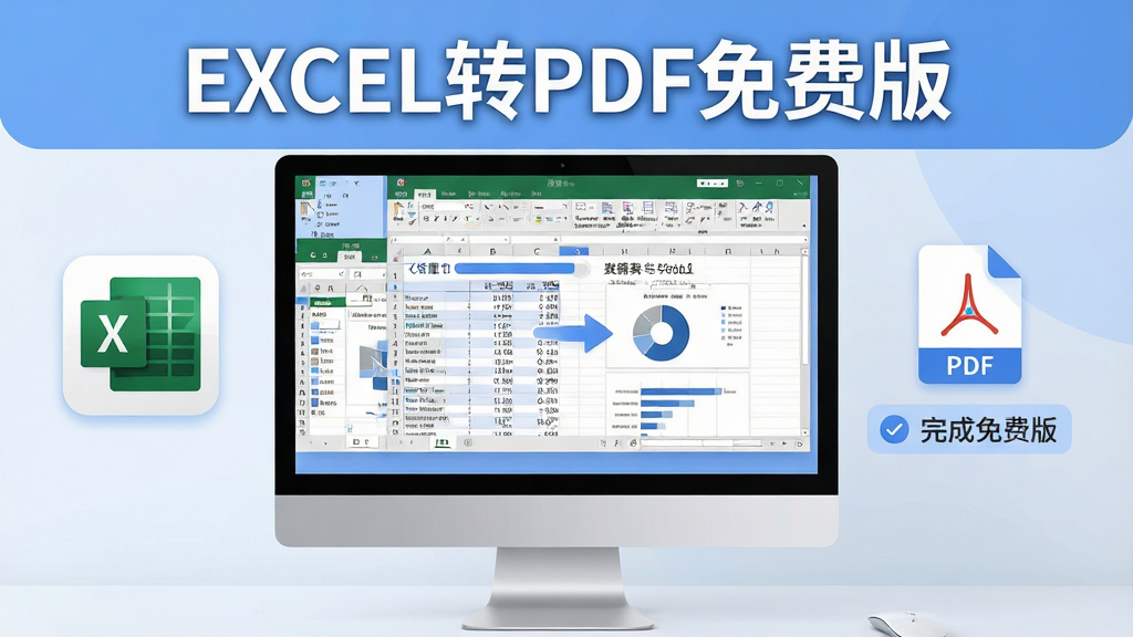一张简洁明亮的电脑桌面场景,屏幕中央展示着一份Excel表格正在转换为PDF文档的动画效果,表格中包含数据与图表,整体布局为横向构图,左侧是Excel图标与表格预览,右侧是PDF文档图标与完成提示,排版干净整齐,风格为现代扁平化设计,细节包括转换进度条、文件格式标识、柔和的蓝白配色,画质高清,画面干净,无多余元素,屏幕上方写有“EXCEL转PDF免费版”字样。