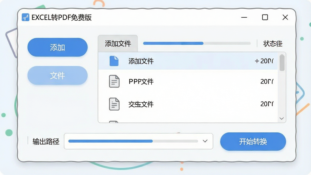 一张软件界面截图风格的插画,画面展示一个简洁的软件窗口,窗口内有添加文件按钮、文件列表区域、输出路径选择框和开始转换按钮,布局为上下结构,排版清晰,风格为现代UI设计风格,细节包括按钮的圆角、文件图标、进度条、状态提示文字,画质高清,画面干净,无多余元素,窗口标题栏写有“EXCEL转PDF免费版”字样。