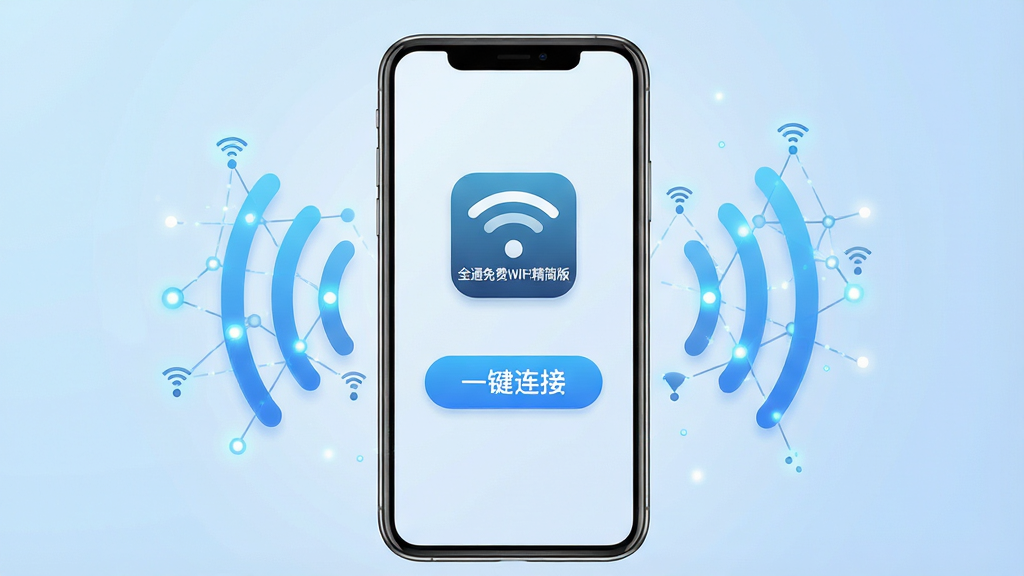 一张展示全通免费WiFi精简版软件界面的概念图,画面中央是一个简洁的智能手机屏幕,屏幕上显示着“全通免费WiFi精简版”的应用图标和醒目的“一键连接”按钮,周围环绕着代表WiFi信号的蓝色波纹和代表网络节点的光点,背景是柔和的浅蓝色渐变,风格简洁科技感,细节清晰,画质高清,干净无多余元素