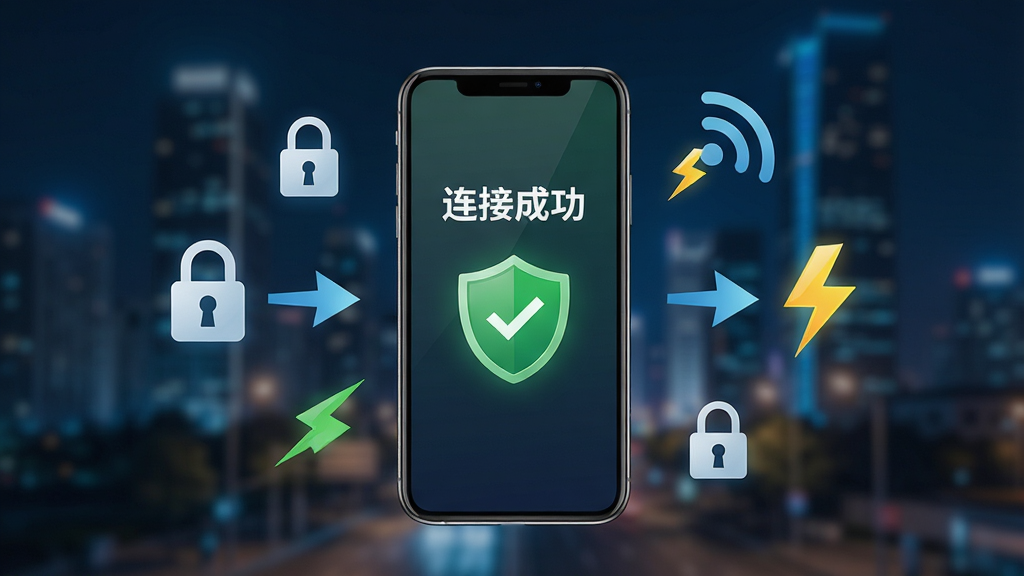 一张全通免费WiFi精简版安全连接场景图,画面中央是一部智能手机,手机屏幕显示“连接成功”和绿色的安全盾牌图标,手机周围环绕着代表数据加密的锁形符号和代表信号传输的闪电箭头,背景是模糊的城市夜景,风格现代、安全、可靠,画质高清,干净无多余元素