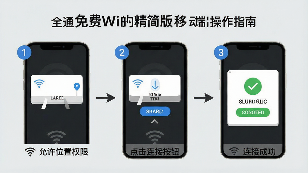 一张全通免费WiFi精简版移动端操作指南图,画面以手机屏幕截图风格展示,屏幕上清晰标注了“允许位置权限”、“点击连接按钮”、“连接成功”三个步骤的示意图,每个步骤用数字序号和箭头引导,背景是淡灰色,风格简洁直观,画质清晰,干净无多余元素