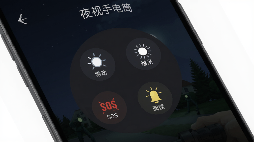 主体是夜视手电筒软件的多模式选择界面,画面中央是圆形模式转盘,布局为手机屏幕特写,风格为扁平化设计,细节包括常亮、爆闪、SOS、阅读灯四个图标按钮,背景为深色夜间场景,画质高清干净无多余元素,画面中带文字“夜视手电筒”