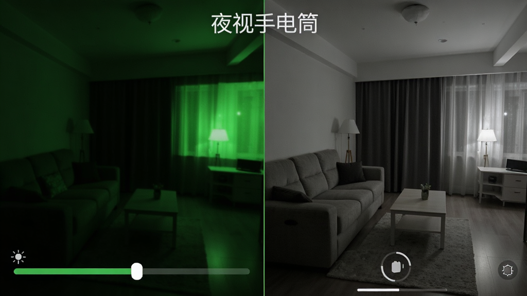 主体是夜视手电筒软件的夜视增强功能演示,画面左侧是昏暗房间,右侧是开启夜视后的清晰画面,布局为左右对比排版,风格为写实科技风,细节包括绿色夜视滤镜、亮度调节条、清晰可见的家具轮廓,画质高清干净无多余元素,画面中带文字“夜视手电筒”