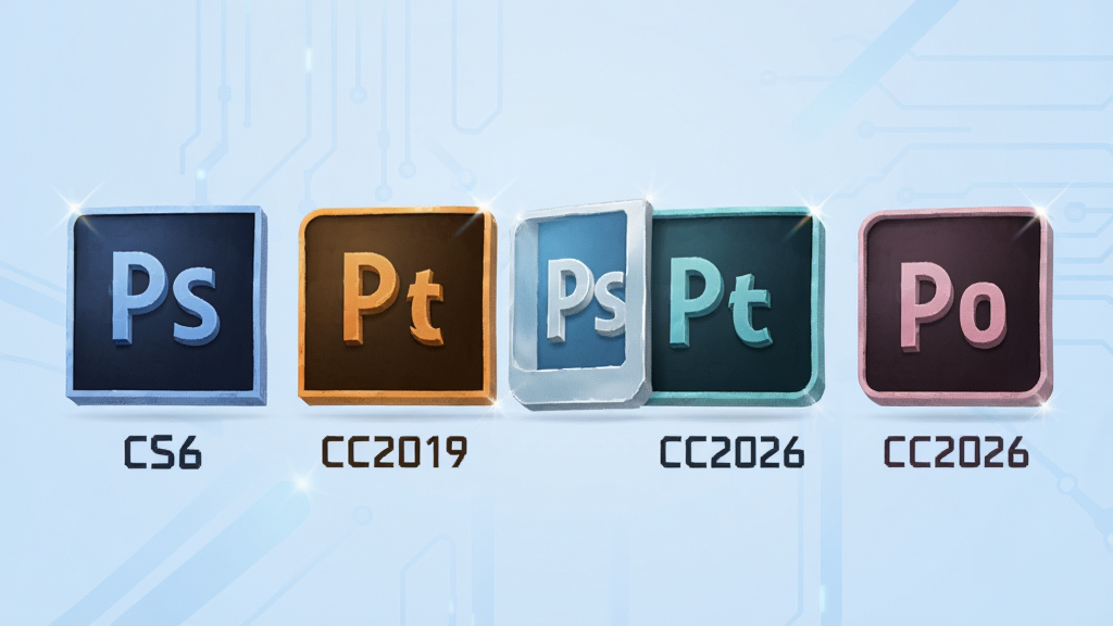 һ��չʾPhotoshopʵ����ѡ���ݶ�汾������ͼƬ����������Ϊ���Photoshop�����汾ͼ�겢�����У�ͼ���·���עCS6��CC2019��CC2026�Ȱ汾�ţ�����Ϊ����ɫ���䣬���Ϊ�Ƽ���Լ�磬ϸ�ڰ����汾�����֡�ͼ������С���Ч��׺�������������ɾ����޶���Ԫ�ء�