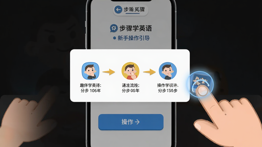 趣伴学英语新手操作引导界面,手机屏幕展示分步教程弹窗,画面中有手指点击图标和箭头指引,背景为浅灰色,布局清晰,上方为步骤说明,下方为操作按钮,风格简洁明快,细节突出引导流程和提示文字,画质干净无杂乱