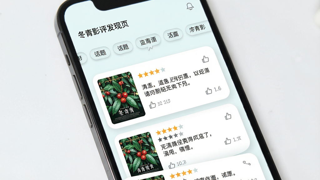 ����Ӱ������ҳ���棬����Ϊ�ֻ���Ļ�����ֲ������½ṹ���Ϸ�Ϊ�����ǩ������������·�ΪӰ����Ϣ����Ƭ��ÿ�ſ�Ƭ�������������֡�����ժҪ����������Ű�������£����Ϊ����ǳɫ�ƶ�UI��ϸ����Բ�ǡ���Ӱ��Сͼ�꣬��������������ɾ����޶���Ԫ��