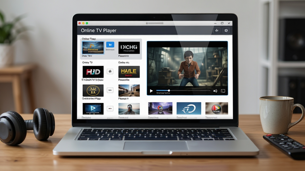 主体是一台打开的笔记本电脑屏幕,屏幕上显示 Online TV Player 软件界面,界面中包含多个电视频道缩略图与播放窗口;布局采用居中构图,电脑置于木质桌面,周围摆放耳机、咖啡杯与遥控器;排版上软件界面清晰可见,频道列表位于左侧,播放画面位于右侧;风格为现代科技感写实风格,光线柔和;细节包括屏幕反光、桌面纹理、软件按钮图标清晰;画质为高清、干净、无多余元素。