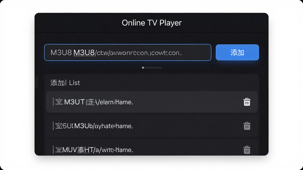 主体是 Online TV Player 的设置界面插图,画面中显示一个输入框,框内有一条 M3U8 链接地址,旁边有“添加”按钮;布局为上下结构,上方是标题栏,下方是输入区域与已添加列表;排版简洁;风格为深色主题 UI 风格;细节包括按钮高亮、列表项有删除图标、顶部标注“Online TV Player”;画质高清、干净、无多余元素。
