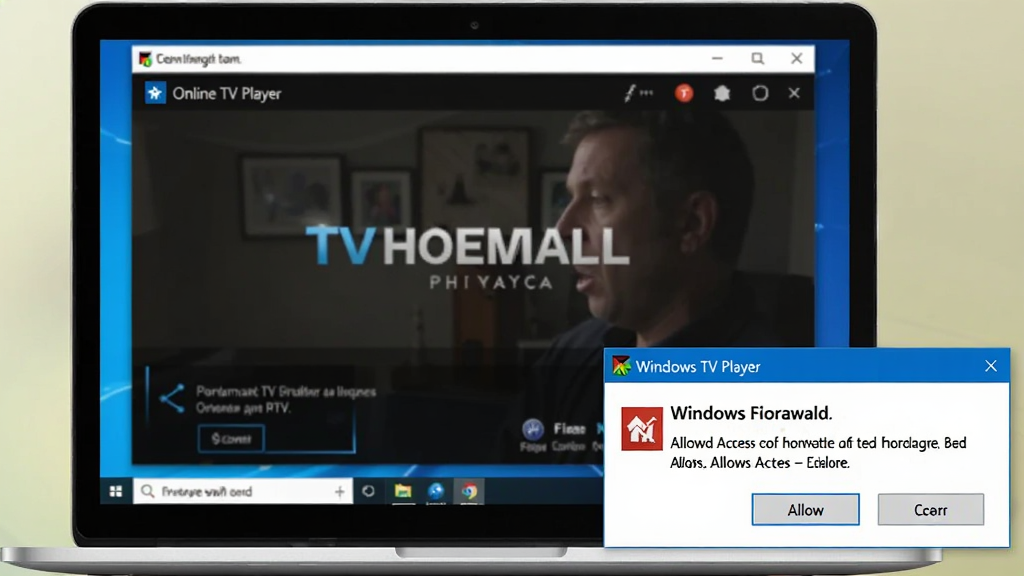 主体是一台笔记本电脑屏幕显示 Online TV Player 播放界面,画面旁边浮动一个 Windows 防火墙提示窗口;布局为屏幕居中,提示窗口位于右下角;排版突出防火墙允许访问按钮;风格为写实软件截图风格;细节包括防火墙窗口文字清晰、软件界面背景可见;画质高清、干净、无多余元素。