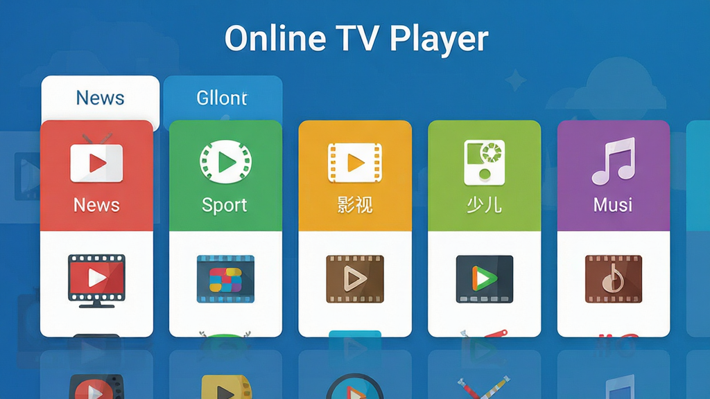 主体是 Online TV Player 软件界面截图风格插图,画面中央为频道分类导航栏,包含新闻、体育、影视、少儿、音乐等标签;布局为横向排列的分类卡片;排版整齐,每个分类下方有若干频道图标;风格为扁平化 UI 设计风格,色彩明快;细节包括图标线条清晰、文字标注“Online TV Player”位于顶部;画质高清、干净、无多余元素。