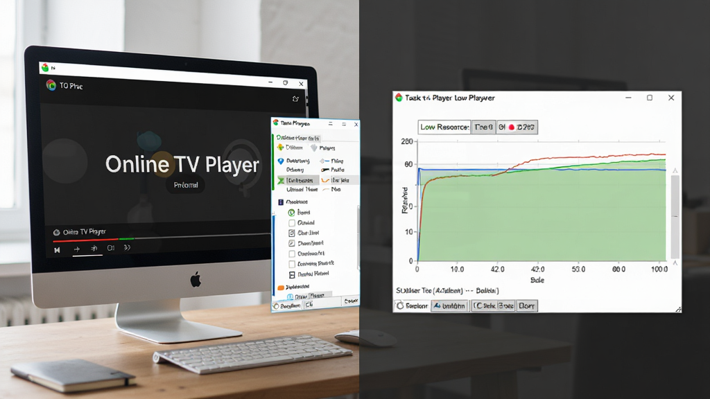主体是一台办公桌上的台式电脑,屏幕显示 Online TV Player 播放界面,旁边有任务管理器窗口显示低资源占用;布局为左右对比构图,左侧为播放界面,右侧为资源占用图表;排版清晰;风格为简约商务写实风格;细节包括任务管理器曲线平缓、软件界面完整;画质高清、干净、无多余元素。