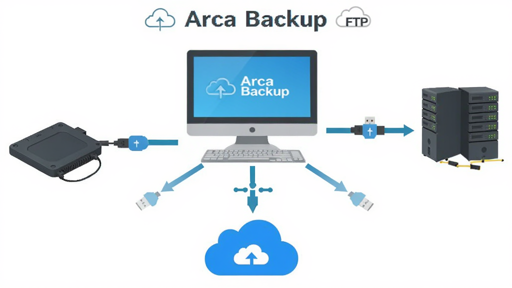 Areca Backup多目标存储示意图,主体为电脑连接外部硬盘、网络云盘与FTP服务器,布局为放射状连接拓扑,排版清晰,风格为扁平化插画,细节包含USB图标、网络节点、服务器机柜、数据流向箭头,画质高清、干净、无多余元素