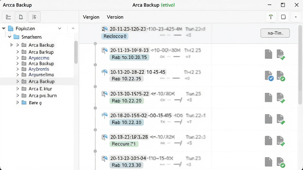 Areca Backup归档版本管理界面,主体为时间线形式的备份历史记录,布局为左侧文件树、右侧版本列表,排版工整,风格为浅色极简风,细节包含时间戳标签、恢复按钮、文件对比图标,画质高清、干净、无多余元素