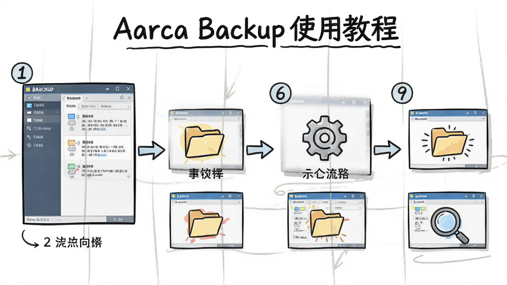Areca Backup使用教程步骤示意图,主体为软件操作向导界面分步展示,布局为横向流程图配合截图缩略图,排版清晰,风格为手绘教程风,细节包含数字序号、箭头指示、文件夹与设置图标,画质高清、干净、无多余元素