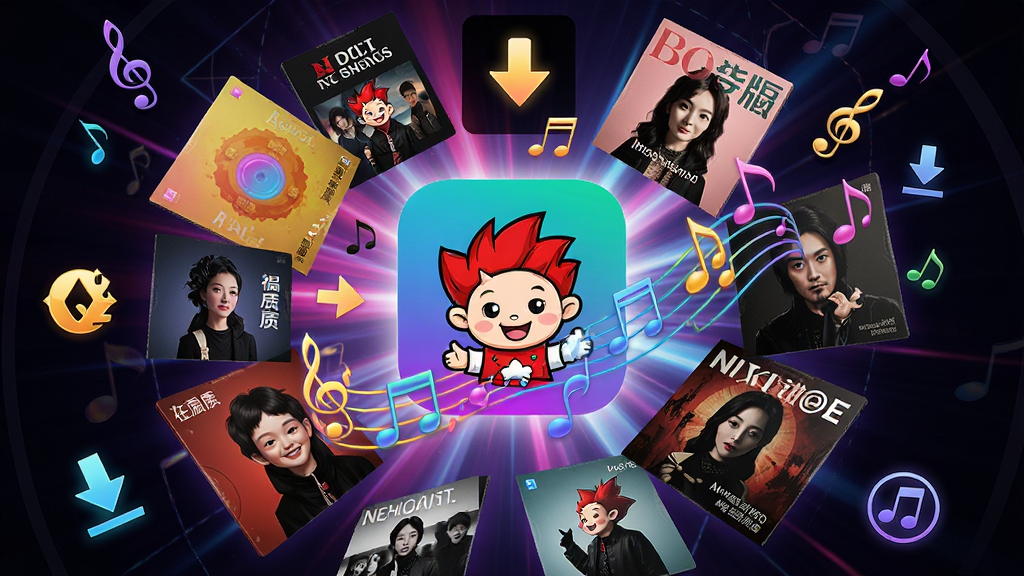一张展示福娃下载 音乐豪华版海量曲库的创意图片,主体为漂浮的音乐专辑封面与音符围绕软件图标,布局采用中心放射状,排版富有动感,风格为炫彩潮流风,细节包括不同风格的音乐封面、下载箭头、音质标识,画质高清,干净,无多余元素