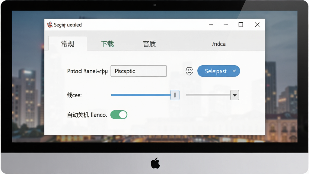 一张展示福娃下载 音乐豪华版设置界面的图片,主体为电脑屏幕上的软件设置面板,布局分为常规、下载、音质三个选项卡,排版规整,风格为现代扁平化,细节包括路径选择按钮、线程数滑块、自动关机开关,画质高清,干净,无多余元素