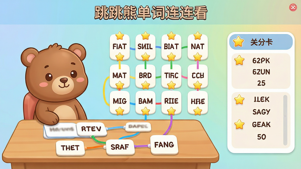 一张横版软件主界面展示图,主体是一只可爱的卡通小熊坐在书桌前,桌面上散落着带有英文单词的卡片,卡片之间用彩色连线相连,布局为左侧小熊形象、中间单词卡片矩阵、右侧得分与关卡信息面板,排版清晰整洁,风格为清新卡通教育风,细节包括柔和渐变背景、圆角卡片、星星奖励图标,画面中文字必须包含
