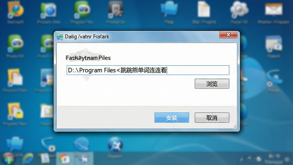 一张电脑桌面软件安装向导界面图,主体是安装窗口,窗口内显示安装路径选择框和“浏览”按钮,下方有“安装”和“取消”按钮,布局为窗口居中、背景是模糊的桌面图标,排版清晰,风格为简洁安装界面风,细节包括安装路径显示为