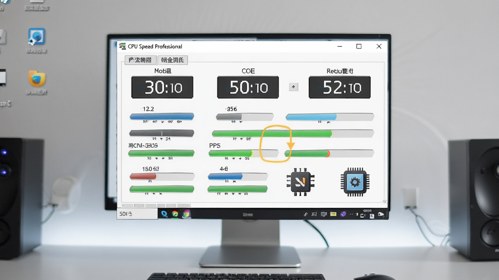 һ�ż��ĵ������泡������Ļ������ʾ CPU Speed Professional ���������棬����������չʾ�������ͺš�����Ƶ�ʡ�ʵʱ�ٶȵ����ݣ�����Ϊ�������ڣ����־��У��Ű��࣬���Ϊ�ִ��Ƽ��У�ϸ�ڰ���Ƶ�����֡���������Ӳ��ͼ�꣬�����������ɾ����޶���Ԫ��