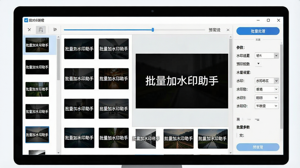 一张展示批量加水印助手软件界面的图片,主体是电脑屏幕上的软件窗口,窗口内显示多张图片缩略图排列整齐,每张图片上都有统一的水印文字“批量加水印助手”,布局为左侧图片列表、中间预览区、右侧参数设置面板,排版清晰明了,风格为现代简约科技风,细节包括进度条、批量处理按钮、水印设置选项,画质高清,干净整洁,无多余元素