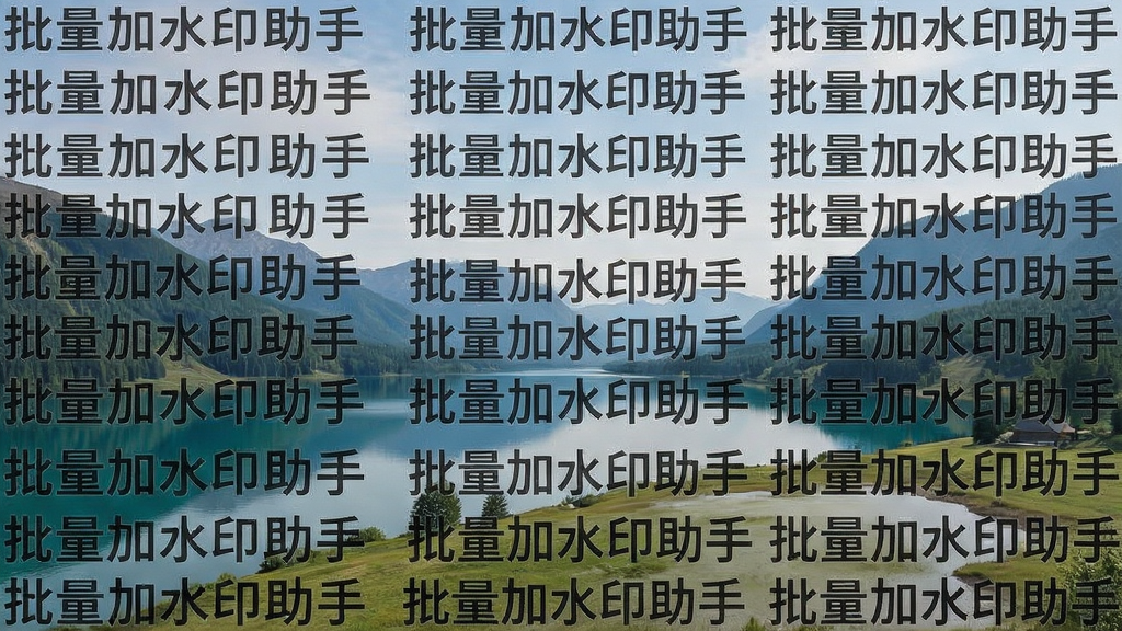 一张展示批量加水印助手智能平铺水印效果的图片,主体是一张被密集水印覆盖的风景照片,水印文字为“批量加水印助手”,布局为水印均匀分布整个画面,排版错落有致,风格为版权保护演示风,细节包括水印透明度适中、不遮挡主体、边缘对齐整齐,画质清晰,画面干净,无多余元素
