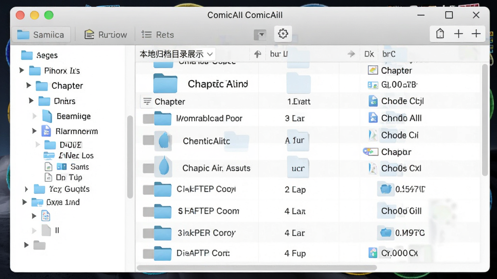 漫画批量下载程序(ComicAiII)本地归档目录展示,主体为电脑文件夹窗口中的漫画归档结构,布局为左侧目录树右侧文件列表,排版为层级式,风格为素雅极简,细节包含文件夹图标、章节文件、命名规则,画质高清,干净,无多余元素