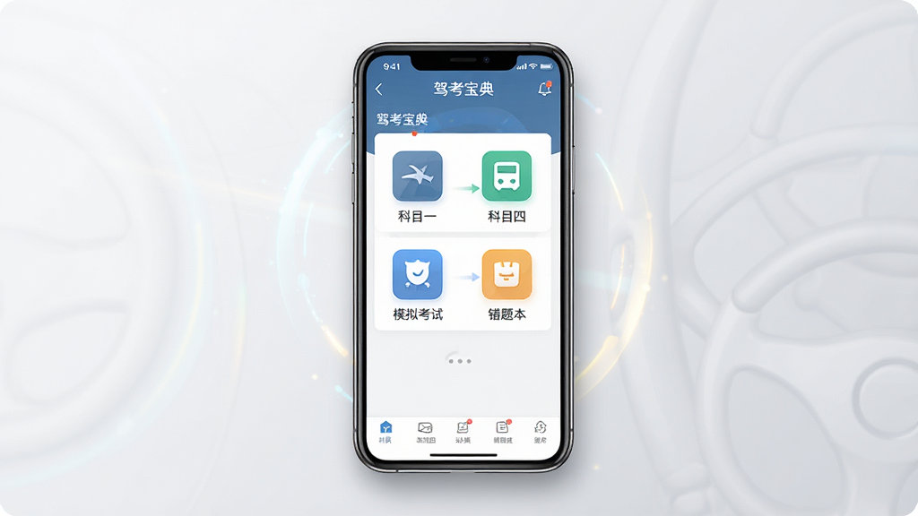 一张展示驾考宝典软件主界面的图片,画面中央是手机屏幕,屏幕内显示驾考宝典APP首页,包含科目一、科目四、模拟考试、错题本等功能图标,布局清晰,排版简洁,风格为现代扁平化科技风,细节上手机周围有轻微的阴影和光效,背景为干净的浅灰色渐变,画质高清,干净,无多余元素