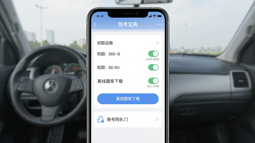 驾考宝典新手避坑指南示意图,主体为手机屏幕显示驾考宝典设置页面,布局上屏幕居中,排版为设置选项列表,风格为简洁明快的工具类APP界面,细节包含权限开关、离线题库下载按钮和账号同步入口,画质高清,干净,无多余元素