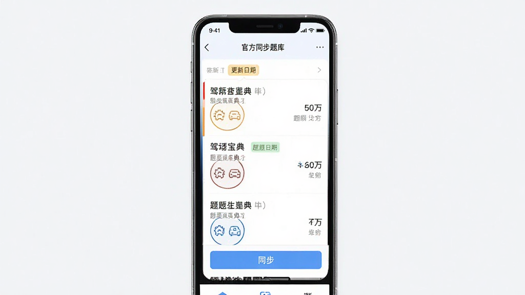 驾考宝典官方同步题库界面展示,主体为手机屏幕显示题库更新页面,布局上屏幕居中,排版为列表式题目预览,风格为清爽的教育类APP界面,细节包含更新日期标签、题目数量统计和同步按钮,画质高清,干净,无多余元素