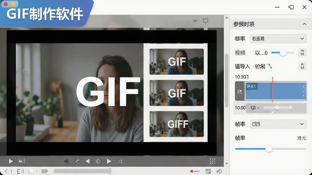 一张展示视频转GIF功能的图片,主体为GIF制作软件的操作界面,布局左侧为视频导入区域右侧为参数设置面板,排版上突出时间轴剪辑条与帧率调节滑块,风格为清爽扁平化设计,细节上画面中带有