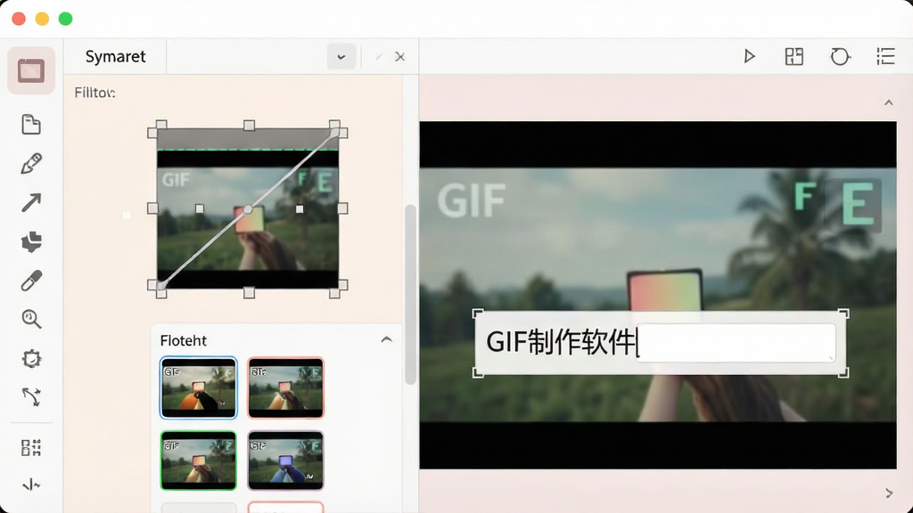 一张展示GIF编辑与优化工具的图片,主体为GIF制作软件的编辑面板,布局左侧为工具栏右侧为实时预览区,排版上突出裁剪框与文字输入框,风格为柔和浅色系界面,细节上画面中带有