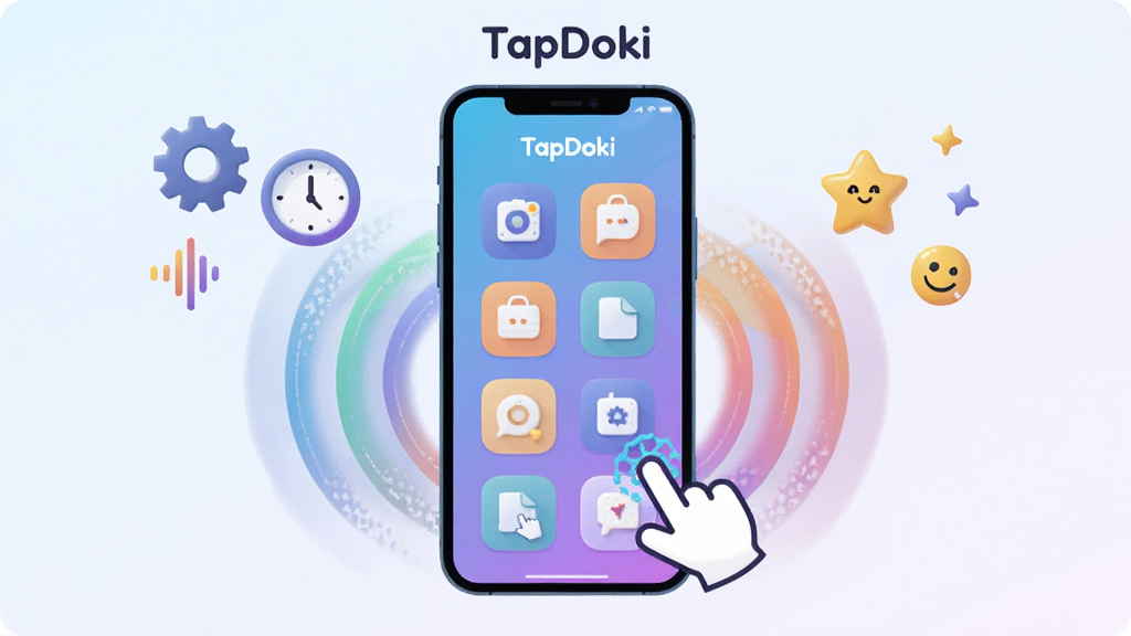 画面中央放置一部智能手机,屏幕显示TapDoki应用主界面,界面以圆润图标和柔和渐变背景为主,手机周围环绕彩色触控波纹与点击手势图标,左侧悬浮齿轮与时钟符号代表设置与节奏,右侧点缀星星与笑脸元素,整体采用扁平化插画风格,蓝紫渐变主色调,构图居中对称,背景干净无杂乱元素,文字标注“TapDoki”置于顶部,画质清晰,4K分辨率,无多余装饰