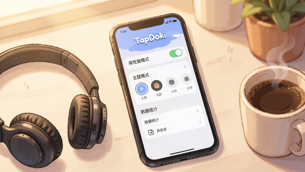 一部手机屏幕显示TapDoki设置页面,页面中有“高性能模式”开关、主题选择入口、数据统计入口等选项,手机旁边放置一副耳机和一杯咖啡,背景为温馨的桌面环境,采用生活化插画风格,构图自然,光线温暖,文字“TapDoki”出现在手机屏幕顶部,画质柔和,无多余元素
