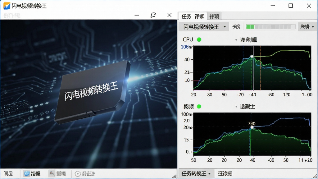 一张展示闪电视频转换王在电脑端运行时的任务管理器截图风格图片,画面中央是软件窗口与系统资源监控面板并排显示,软件窗口标题栏写有