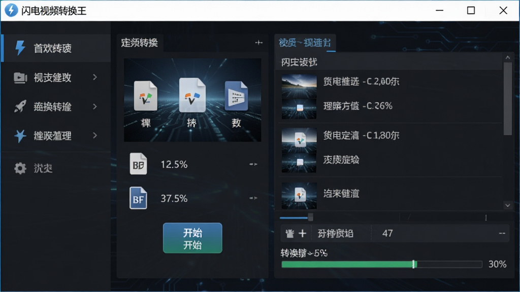 一张展示闪电视频转换王软件主界面的图片,画面中央是软件窗口,左侧为功能导航栏,右侧为视频文件列表与转换进度条,窗口标题栏写有