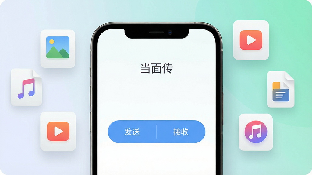 一张展示“当面传”软件主界面的产品渲染图,画面中央是手机屏幕特写,屏幕显示简洁的“发送”和“接收”按钮,周围环绕着代表照片、视频、文档、音乐的文件图标,风格为现代极简主义,细节包括柔和的阴影和渐变背景,画质高清,画面干净,无多余元素