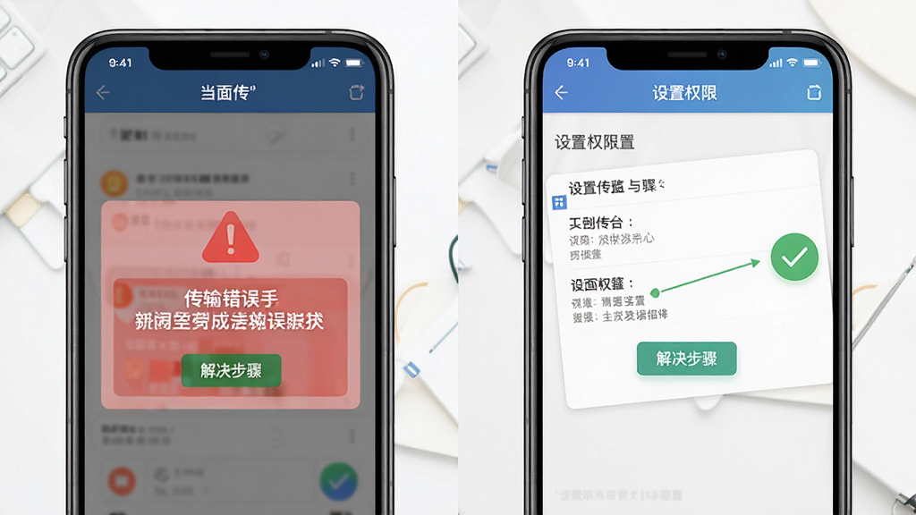一张展示“当面传”软件在手机屏幕上显示传输错误提示与解决步骤的图解,画面分为左右两部分,左边是错误提示界面,右边是设置权限的步骤截图,风格为信息图表式UI展示,细节包括红色警告图标和绿色对勾图标,画质清晰,画面干净,无多余元素