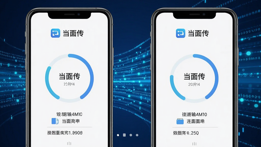 一张展示“当面传”软件在两部手机之间建立连接并传输大文件的界面截图,画面中心是两部手机屏幕,屏幕上显示着“当面传”的Logo和传输进度环,背景是抽象的蓝色数据流,风格为扁平化UI设计展示,细节包括文件名和传输速率显示,画质清晰,画面干净,无多余元素
