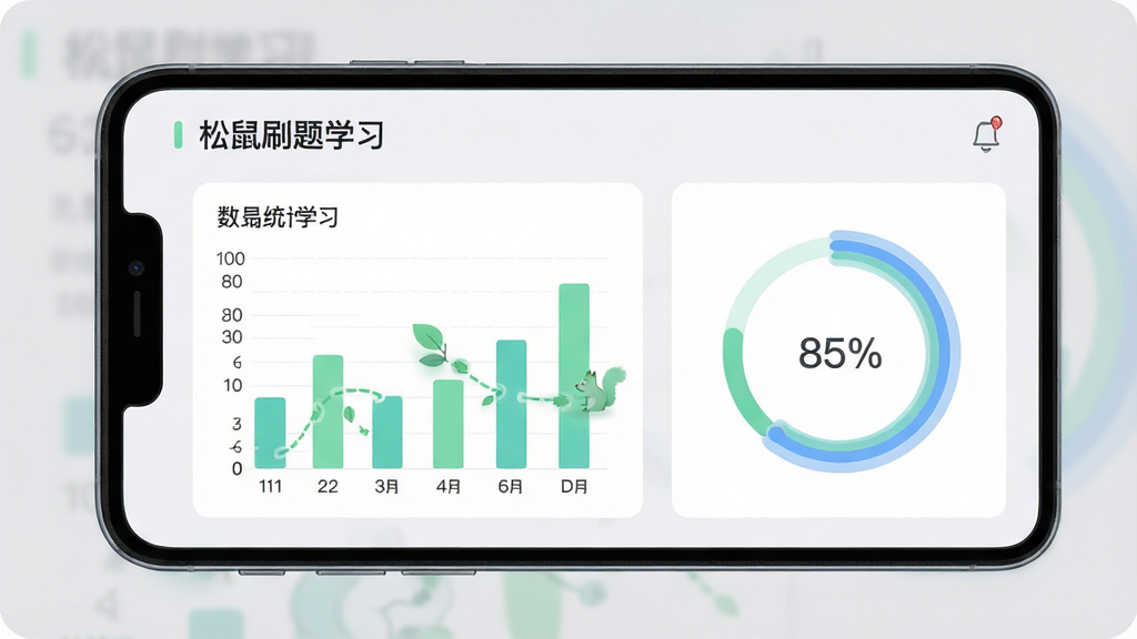 松鼠刷题学习数据统计页面,手机屏幕显示柱状图和环形进度图,数据可视化界面,配色清新,背景为浅灰色,画面简洁,画质清晰,无多余元素