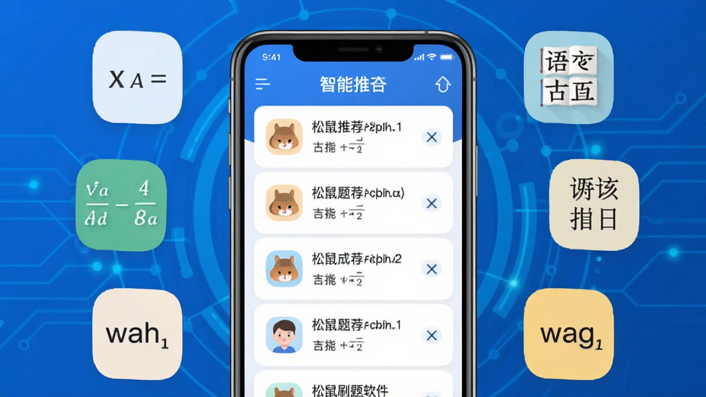松鼠刷题软件界面展示,手机屏幕中央显示智能推荐题目列表,周围环绕着数学公式、语文古诗词、英语单词等知识元素图标,蓝色科技感背景,扁平化设计风格,画面干净,画质高清