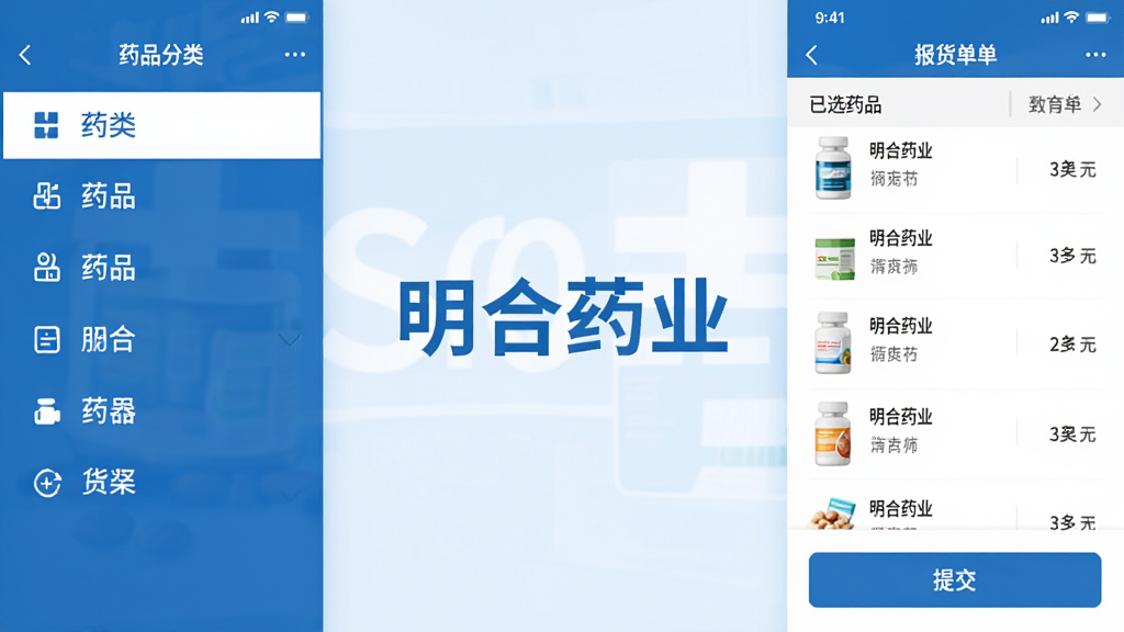 手机应用中展示药品列表与报货单界面,画面中央有“明合药业”字样,左侧为药品分类导航,右侧为已选药品清单与提交按钮,配色以蓝白为主,风格为清爽的移动端UI展示图,细节丰富,画质清晰,干净整洁